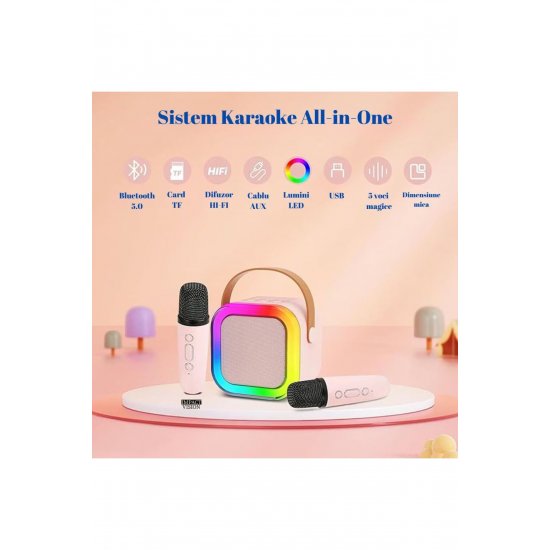 MDSALE Σετ ηχείων Bluetooth Karaoke με 2 ασύρματα μικρόφωνα, φώτα RGB, φορητό, ροζ