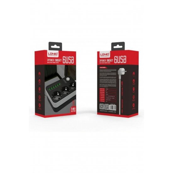Πολύπριζο 3 θέσεων με 6 USB-A, διακόπτη και καλώδιο 1,6m Κωδικός: SE3631