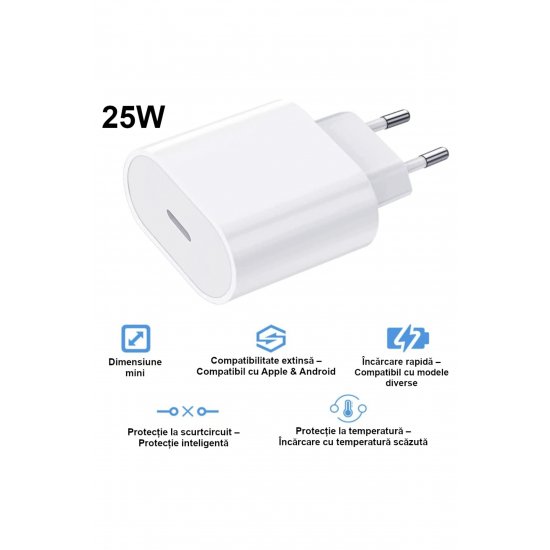Φορτιστής τοίχου Fast Charge 25W, USB‑C PD, Λευκό, Συμβατό με μοντέρνα τηλέφωνα και gadgets