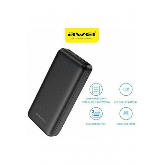 P6K Power Bank 20000mAh με 2 θύρες USB-A Μαύρη