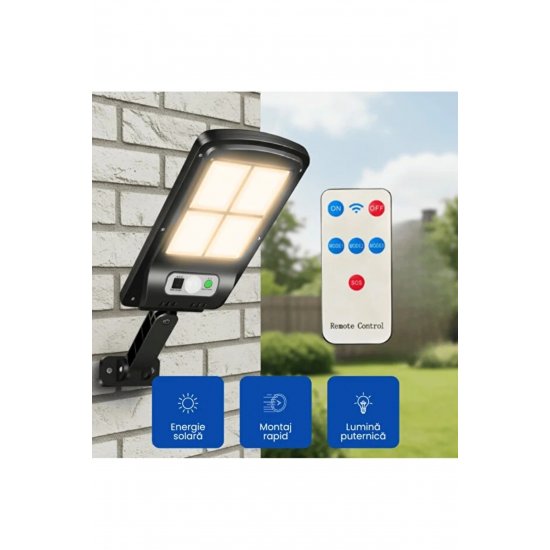 Ηλιακός λαμπτήρας εξωτερικού χώρου 108 LED COB, Αισθητήρας κίνησης, Τηλεχειριστήριο, IP65, 370x115x40 mm, Ψυχρό λευκό