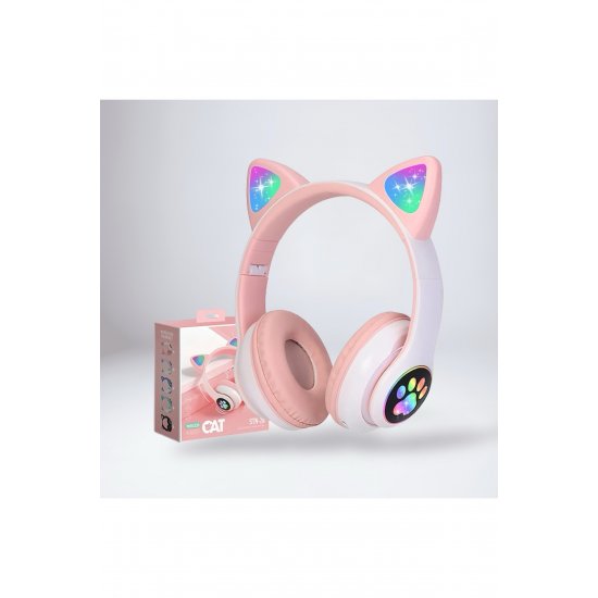 Lovelycure STN-28 ασύρματα ακουστικά με LED, Bluetooth 5.0, δυνατά μπάσα, ροζ