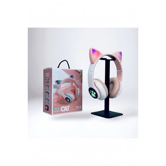 Lovelycure STN-28 ασύρματα ακουστικά με LED, Bluetooth 5.0, δυνατά μπάσα, ροζ