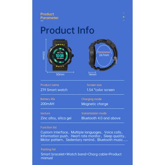 Smartwatch Z19 με μαύρο όργανο παρακολούθησης καρδιακών παλμών