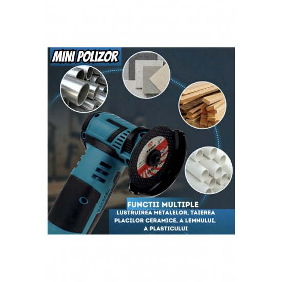 Επαγγελματικός Mini Angle Grinder, Infiniteea™, 750W, 19500 RPM, Μπαταρίες 2x12V, 5 Δίσκοι, Μπλε