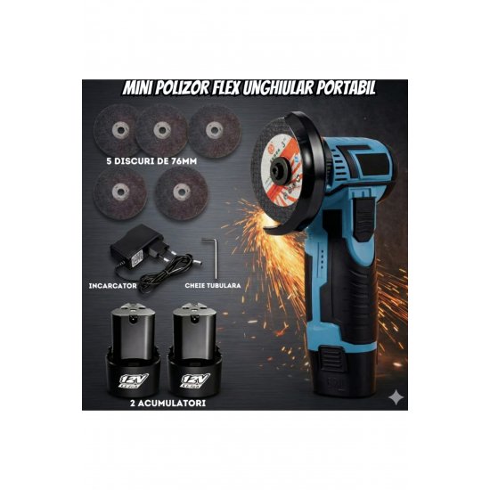 Επαγγελματικός Mini Angle Grinder, Infiniteea™, 750W, 19500 RPM, Μπαταρίες 2x12V, 5 Δίσκοι, Μπλε