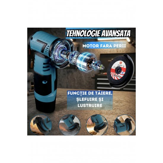Επαγγελματικός Mini Angle Grinder, Infiniteea™, 750W, 19500 RPM, Μπαταρίες 2x12V, 5 Δίσκοι, Μπλε