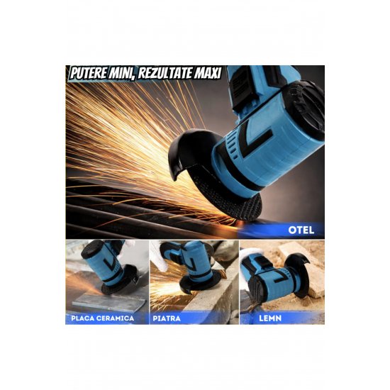 Επαγγελματικός Mini Angle Grinder, Infiniteea™, 750W, 19500 RPM, Μπαταρίες 2x12V, 5 Δίσκοι, Μπλε
