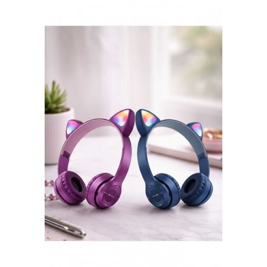 Σετ 2 ακουστικών Bluetooth για παιδιά, με αυτιά και φως LED Μωβ + Μπλε