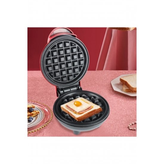 Mini Waffle Maker, Flippy, Πολυλειτουργική, Για το σπίτι και το ταξίδι, Compact 18x14,5x9,3 cm, Κόκκινο