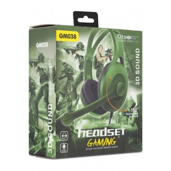 GM038 Over Ear Gaming Headset με σύνδεση 2x3,5mm Πράσινο