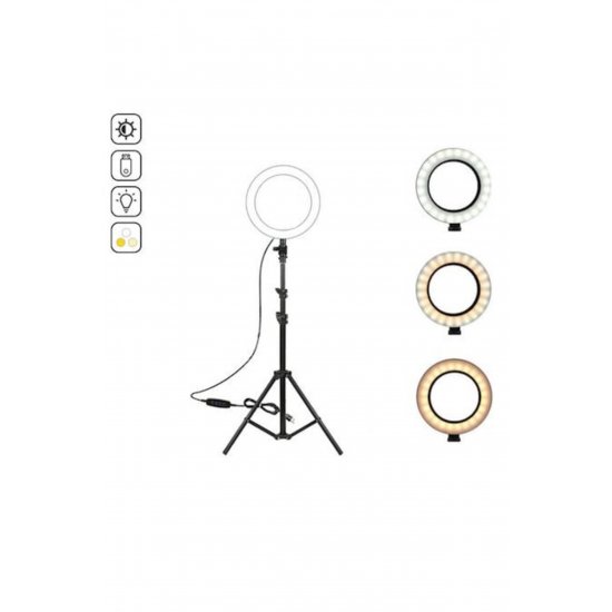 Κυκλική λάμπα Ring Light, LED 15 cm (6 ιντσών), ρυθμιζόμενο /ψυχρό/θερμό φως, USB, περιλαμβάνεται τρίποδο
