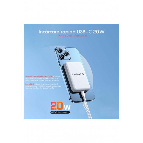 Ασύρματη εξωτερική μπαταρία MagSafe MS1 Pro 5000 mAh, 20W, Για iPhone και Android, Μαγνητική, Λευκή