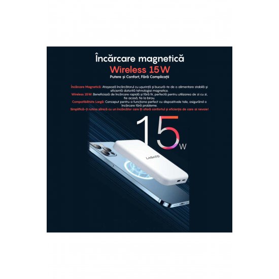 Ασύρματη εξωτερική μπαταρία MagSafe MS1 Pro 5000 mAh, 20W, Για iPhone και Android, Μαγνητική, Λευκή