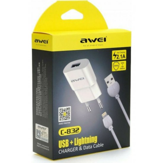 Φορτιστής με θύρα USB-A και καλώδιο Lightning Whites (C-832)