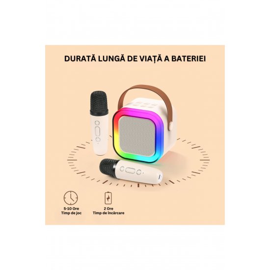 Σετ 2 ασύρματων μικροφώνων καραόκε με ηχείο, Bluetooth, RGB LED, ήχο 3D, 5 εφέ, MicroSD, AUX