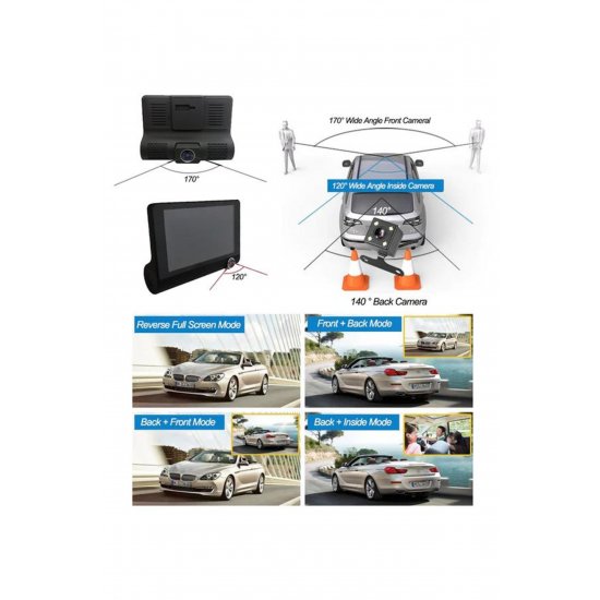 Teknova dash cam, 3 φακοί, νυχτερινή όραση 4 ιντσών, 1080p, γωνία 170°