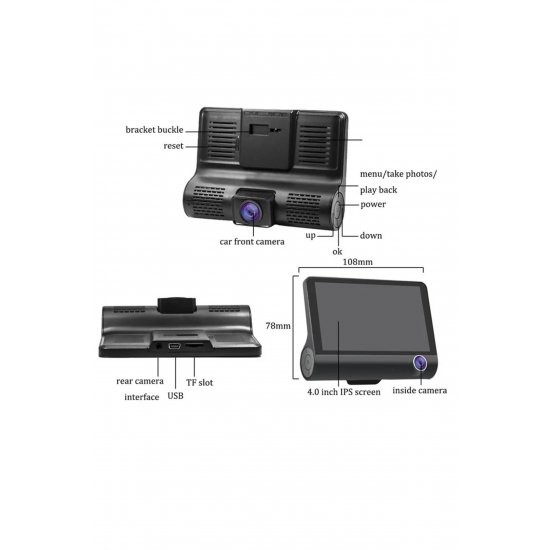 Teknova dash cam, 3 φακοί, νυχτερινή όραση 4 ιντσών, 1080p, γωνία 170°