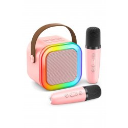 Σετ ηχείων Bluetooth Karaoke με 2 ασύρματα μικρόφωνα, φώτα RGB, φορητό, ροζ, Impact Vision®