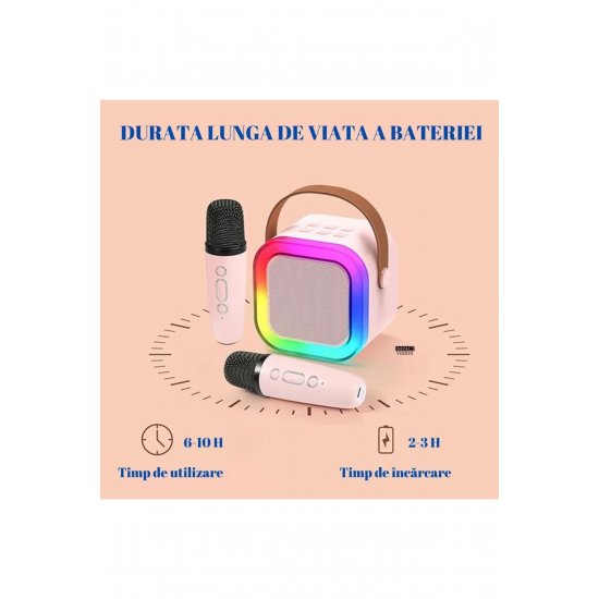 Σετ ηχείων Bluetooth Karaoke με 2 ασύρματα μικρόφωνα, φώτα RGB, φορητό, ροζ, Impact Vision®
