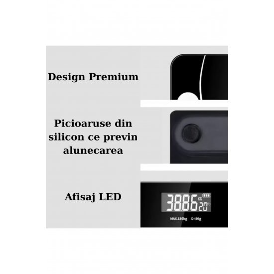 Premium έξυπνη ζυγαριά σώματος με εφαρμογή, 180 κιλά, φωτιζόμενη οθόνη (μαύρη)