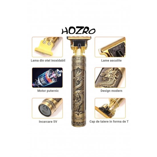 Κουρευτική μηχανή HOZRO, με μπαταρία, 5W, κουρευτική μηχανή, μοντέλο dragon, 5 μεγέθη, φόρτιση USB, μαύρο χρυσό