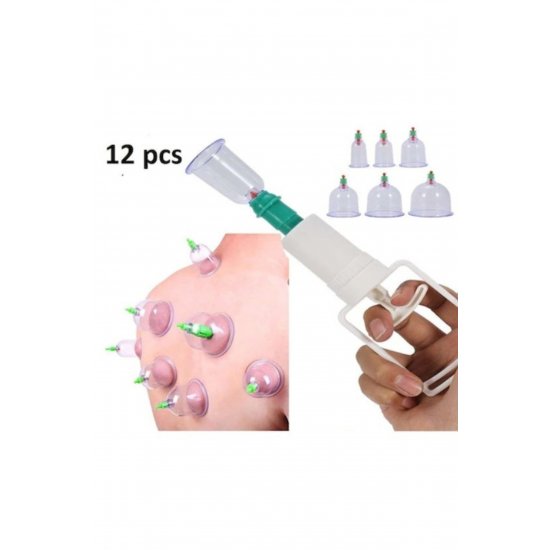 Σετ 12 κούπες cupping για μασάζ, αντλία κενού, θεραπευτική λειτουργία, διαφανές