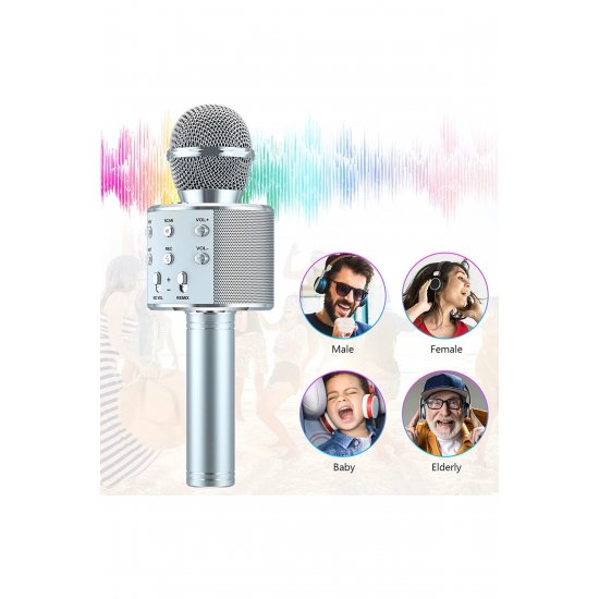 Ασύρματο μικρόφωνο Karaoke MWS858, Επαναφορτιζόμενο, Ηχείο, Γκρι