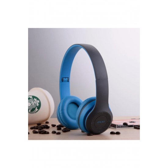 Ασύρματα ακουστικά P47 Μπλε με μικρόφωνο bluetooth Ραδιόφωνο, Aux, κάρτα SD