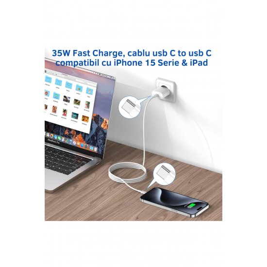 Φορτιστής Super Fast Charge 35W για iPhone 16/15/Pro/Pro Max/AirPods, Καλώδιο USB C, Λευκό