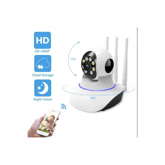 Κάμερα παρακολούθησης Wi-Fi 1080p 360° με 3 κεραίες, αμφίδρομος ήχος, IR, Παρακολούθηση κίνησης