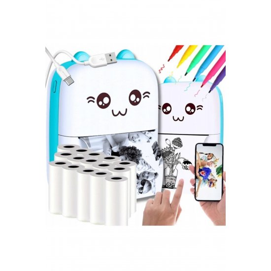 Μίνι φορητός εκτυπωτής φωτογραφιών, Flippy, USB, Bluetooth, Teddy Bear Model, 12 x 9 x 5 cm, Λευκό Μπλε Μίνι φορητός εκτυπωτής φωτογραφιών, Flippy, USB, Bluetooth, Teddy Bear Model, 12 x 9 x 5 cm, Λευκό Μπλε
