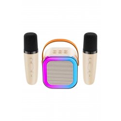 Ασύρματο σετ καραόκε, ηχείο bluetooth, 2 μικρόφωνα, 5W, πλαστικό, μπεζ, 16,6×15,5×8 cm
