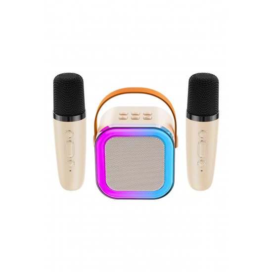 Ασύρματο σετ καραόκε, ηχείο bluetooth, 2 μικρόφωνα, 5W, πλαστικό, μπεζ, 16,6×15,5×8 cm