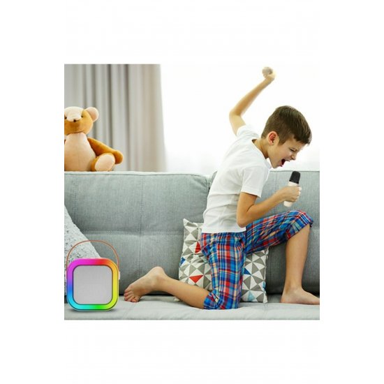Ασύρματο σετ καραόκε, ηχείο bluetooth, 2 μικρόφωνα, 5W, πλαστικό, μπεζ, 16,6×15,5×8 cm