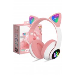 Ασύρματα ακουστικά με αυτιά γάτας, Bluetooth, φώτα RGB, ακύρωση θορύβου, VALA® STN-28, ροζ