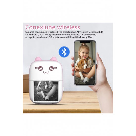 Σετ Mini Imprimanta Termica si 10 Role VarioShop®, Bluetooth, Συμβατό iOS/Android, Roz