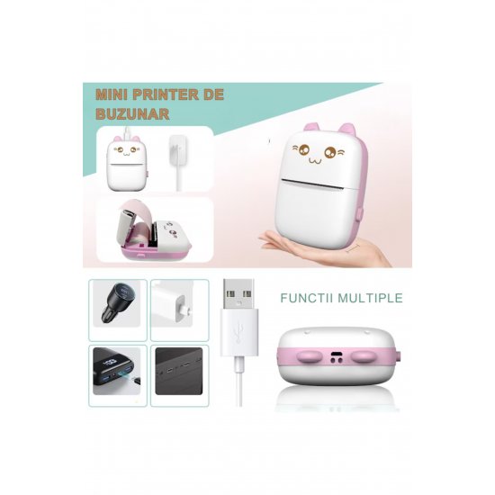 Σετ Mini Imprimanta Termica si 10 Role VarioShop®, Bluetooth, Συμβατό iOS/Android, Roz