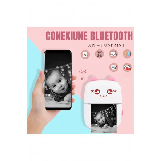 Σετ Mini Imprimanta Termica si 10 Role VarioShop®, Bluetooth, Συμβατό iOS/Android, Roz