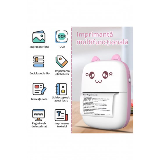 Σετ Mini Imprimanta Termica si 10 Role VarioShop®, Bluetooth, Συμβατό iOS/Android, Roz