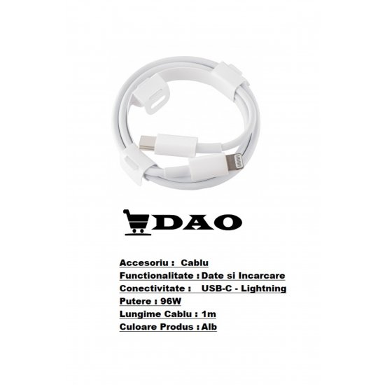 Καλώδιο DATA/CHARGING συμβατό με Apple 4GN33Z/A - USB C Lightning, 96W, 4.7A, 1m - λευκό