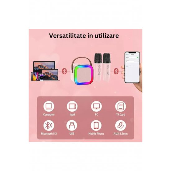 Φορητό μικρόφωνο Karaoke με Bluetooth, Φωτισμός RGB, Ηχείο 6W, USB-C, AUX, Κάρτα MicroSD, Ροζ