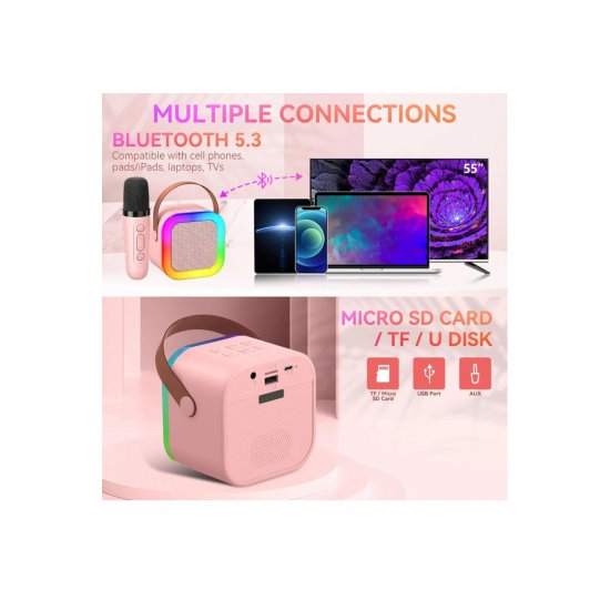 Φορητό μικρόφωνο Karaoke με Bluetooth, Φωτισμός RGB, Ηχείο 6W, USB-C, AUX, Κάρτα MicroSD, Ροζ