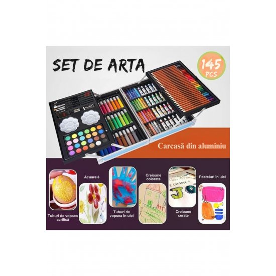VarioShop® Παιδικό Σετ Ζωγραφικής και Σχεδίου, 145 Τεμάχια, Μεταλλικό Κουτί, Ροζ