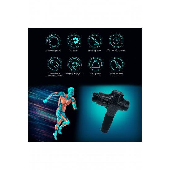 SmartGUN PRO Professional Massager, οθόνη αφής, 12 ταχύτητες, 12 κεφαλές, 3200 κρουστά, Carbon