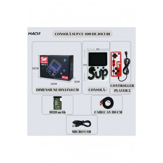 Macvi® Mini φορητή ρετρό κονσόλα με 400 παιχνίδια, 2 παίκτες, έγχρωμη οθόνη LCD 3
