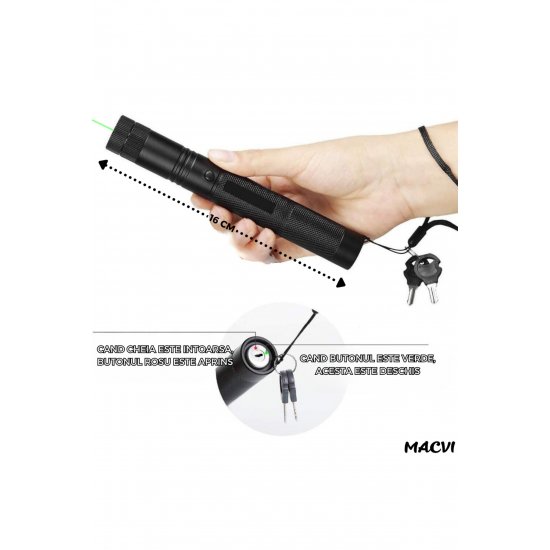 Laser Pointer Macvi® 405nm, 200mW, αλουμίνιο, μαύρο, κλειδαριά για παιδιά, 100-500m