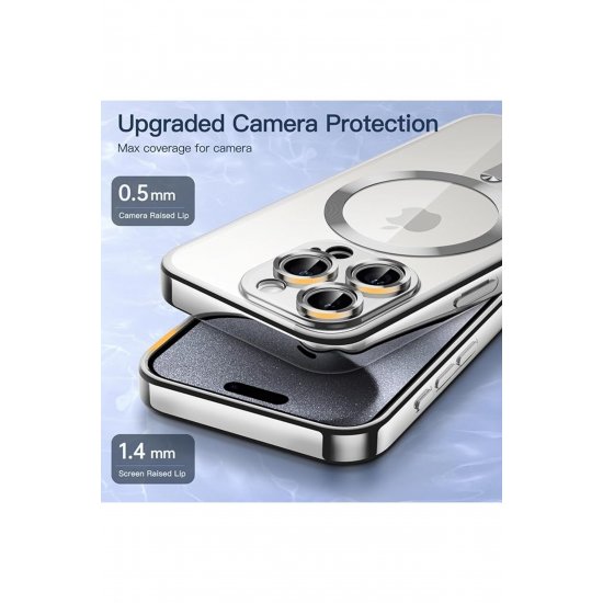 Θήκη για iPhone 16 Pro, Luxe Armor, Magsafe, Προστασία κάμερας, Σιλικόνη, Διαφανές, Ασημί