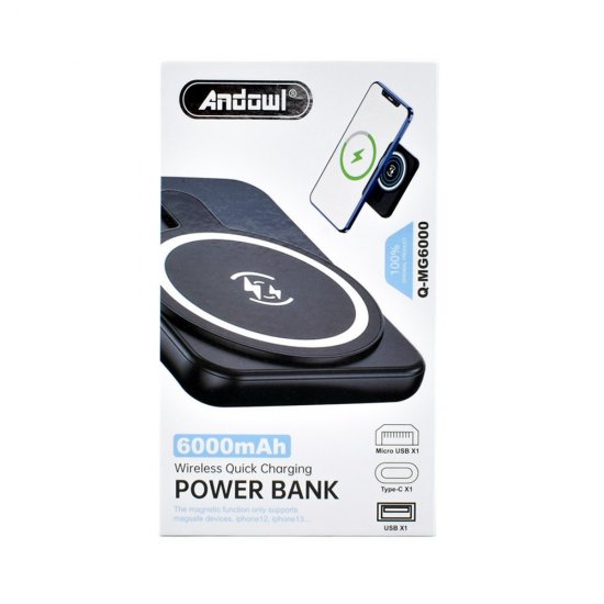 PowerBank Andowl Q-MG6000 6000mAh με Θύρα USB-A και Θύρα USB-C   Μαύρο