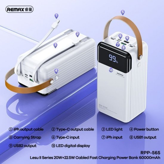 PowerBank Remax RPP-565 60000mAh 22.5W με 2 Θύρες USB-A και Θύρα USB-C Quick Charge 3.0 Λευκό PowerBank Remax RPP-565 60000mAh 22.5W με 2 Θύρες USB-A και Θύρα USB-C Quick Charge 3.0 Λευκό